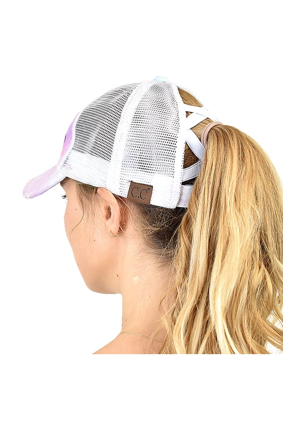 Ponycap Messy High Bun Ponytail Adjustable Mesh Trucker Baseball Cap Hat, Criss Cross Mesh Cotton Candy