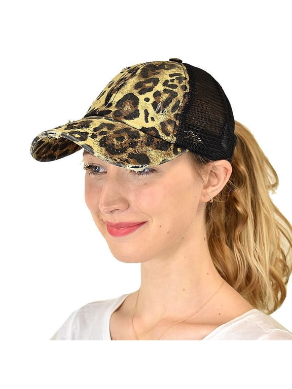 Ponycap Messy High Bun Ponytail Adjustable Mesh Trucker Baseball Cap Hat, Criss Cross Mesh Leopard Black