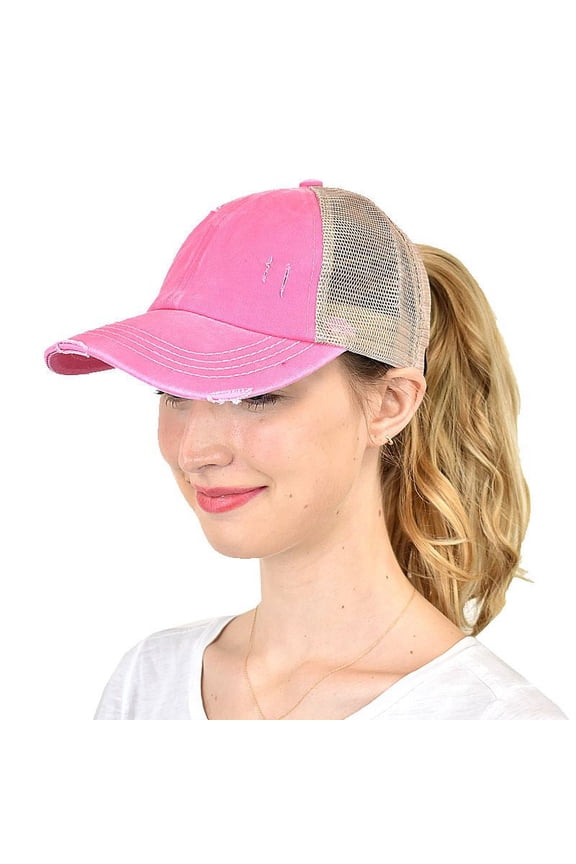 Ponycap Messy High Bun Ponytail Adjustable Mesh Trucker Baseball Cap Hat, Criss Cross Mesh Pink