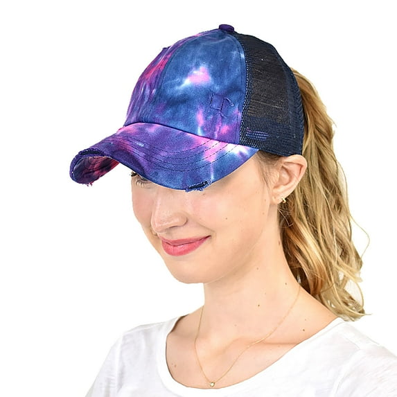 C.C Ponycap Messy High Bun Ponytail Adjustable Mesh Trucker Baseball Cap Hat, Criss Cross Mesh Tie Dye Navy