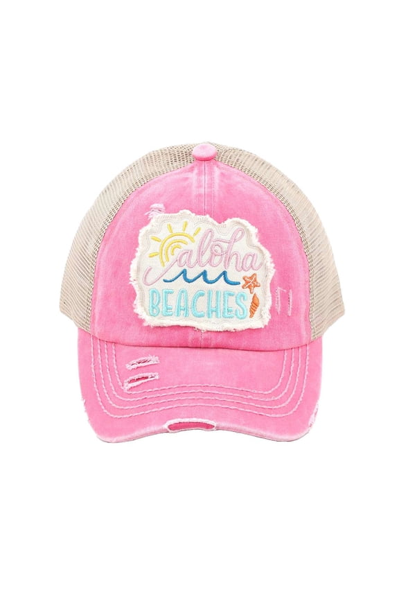 Ponycap Messy High Bun Ponytail Adjustable Mesh Trucker Baseball Cap Hat, Criss Cross Patch Aloha Beaches, Pink