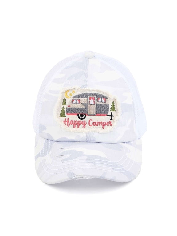 Ponycap Messy High Bun Ponytail Adjustable Mesh Trucker Baseball Cap Hat, Criss Cross Patch Happy Camper, White Camo