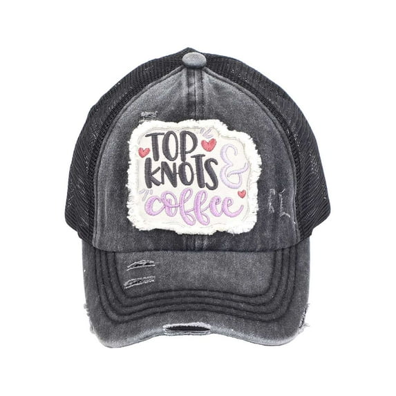 C.C Ponycap Messy High Bun Ponytail Adjustable Mesh Trucker Baseball Cap Hat, Criss Cross Patch Top Knots & Coffee, Black