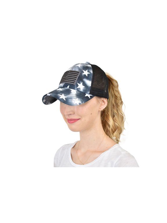 Ponycap Messy High Bun Ponytail Adjustable Mesh Trucker Baseball Cap Hat, Criss Cross Stars and Flag, Black