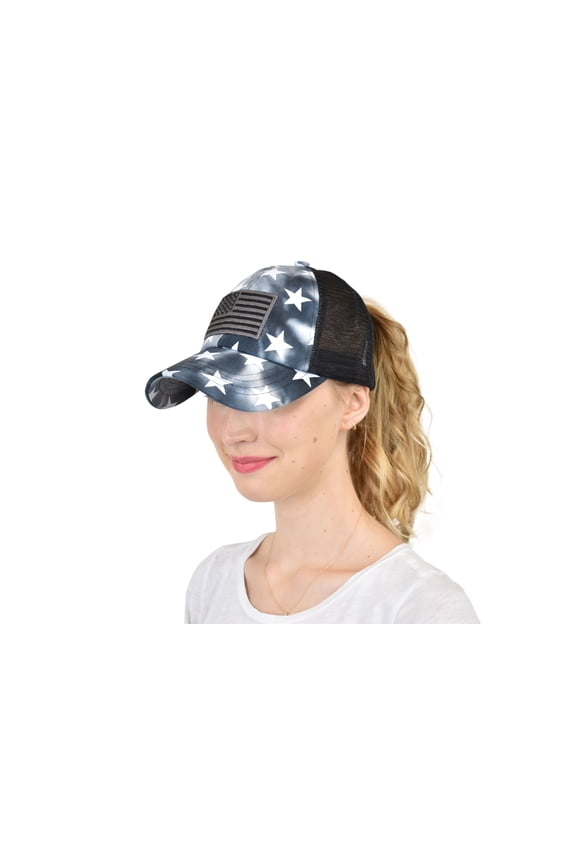 Ponycap Messy High Bun Ponytail Adjustable Mesh Trucker Baseball Cap Hat, Criss Cross Stars and Flag, Black