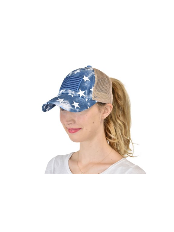 Ponycap Messy High Bun Ponytail Adjustable Mesh Trucker Baseball Cap Hat, Criss Cross Stars and Flag, Navy
