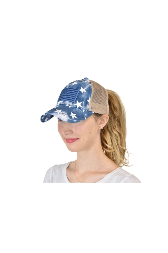 Ponycap Messy High Bun Ponytail Adjustable Mesh Trucker Baseball Cap Hat, Criss Cross Stars and Flag, Navy
