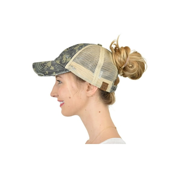 C.C Ponycap Messy High Bun Ponytail Adjustable Mesh Trucker Baseball Cap Hat, Digital Camo Olive