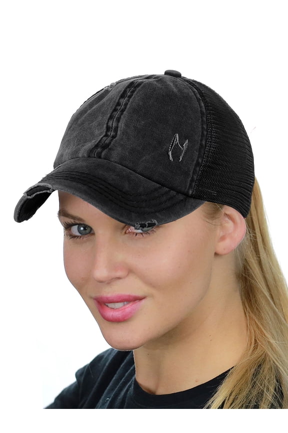 Ponycap Messy High Bun Ponytail Adjustable Mesh Trucker Baseball Cap Hat, Distressed Black