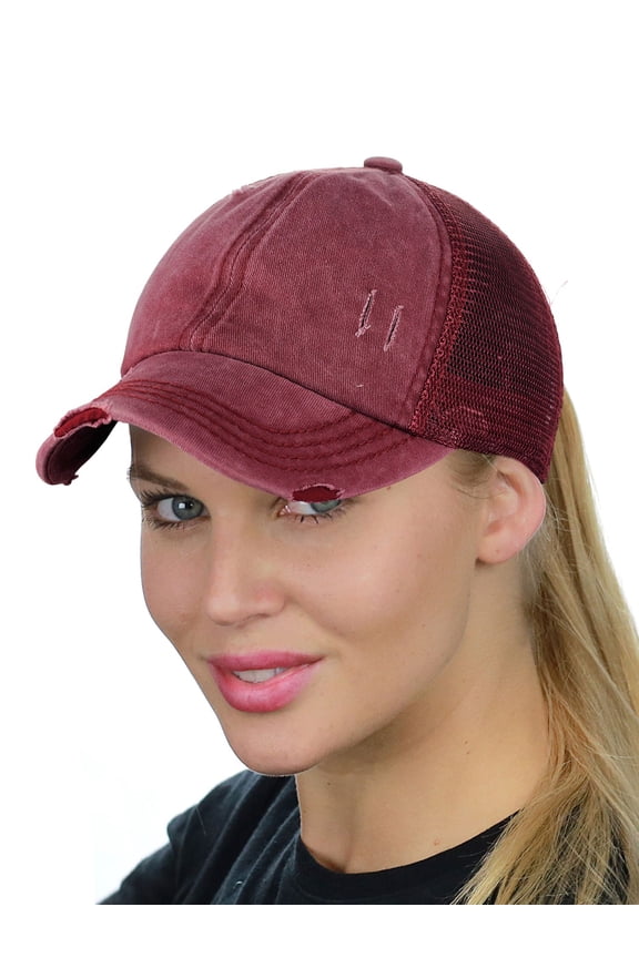 Ponycap Messy High Bun Ponytail Adjustable Mesh Trucker Baseball Cap Hat, Distressed Burgundy