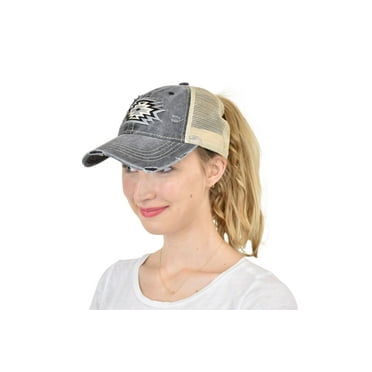 C.C Ponycap Messy High Bun Ponytail Adjustable Mesh Trucker Baseball Cap Hat, Distressed Patch, Gray