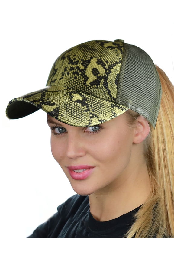 Ponycap Messy High Bun Ponytail Adjustable Mesh Trucker Baseball Cap Hat, Snake Print Avocado