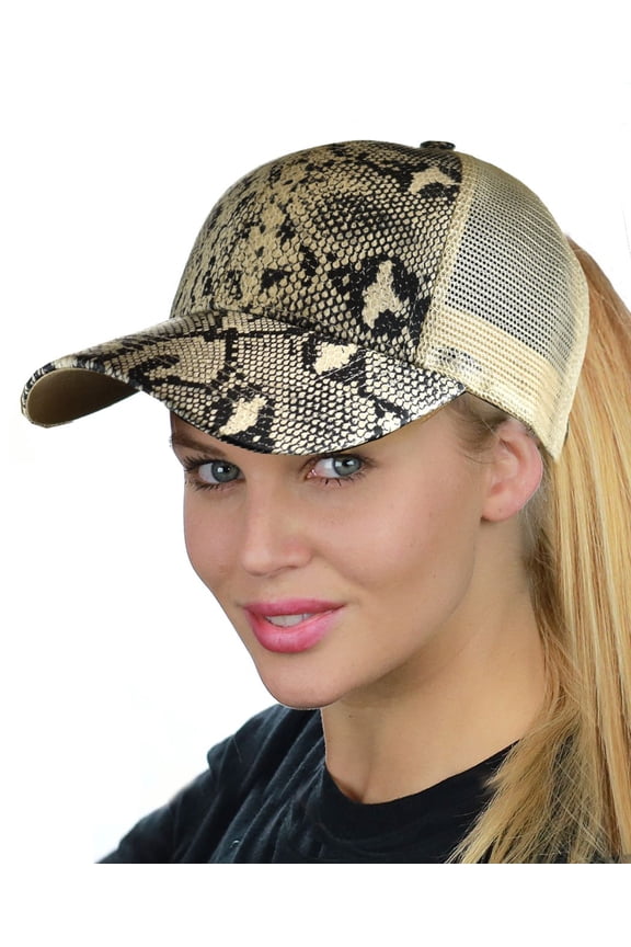 C.C Ponycap Messy High Bun Ponytail Adjustable Mesh Trucker Baseball Cap Hat, Snake Print Natural