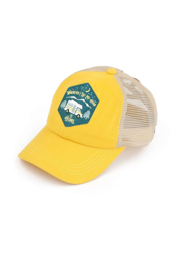 Ponycap Messy High Bun Ponytail Adjustable Mesh Trucker Baseball Cap Hat, Where I Lay My Head Is Home, Yellow