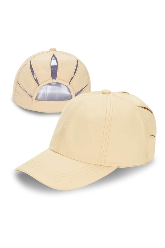 Ponycap Messy High Bun Ponytail Adjustable Trucker Baseball Cap Hat, Beige