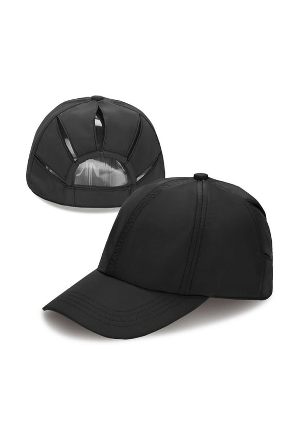 Ponycap Messy High Bun Ponytail Adjustable Trucker Baseball Cap Hat, Black