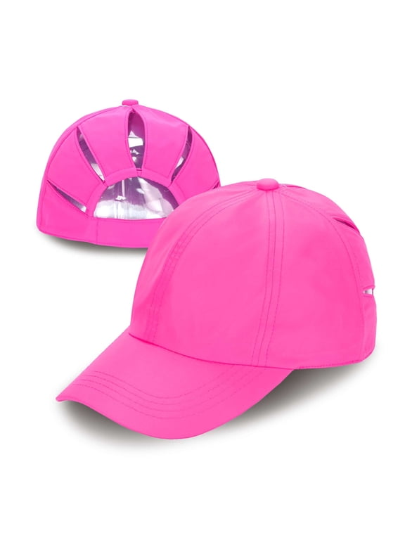 Ponycap Messy High Bun Ponytail Adjustable Trucker Baseball Cap Hat, Hot Pink