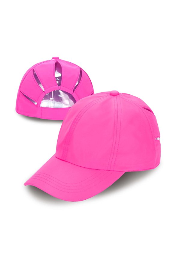Ponycap Messy High Bun Ponytail Adjustable Trucker Baseball Cap Hat, Hot Pink