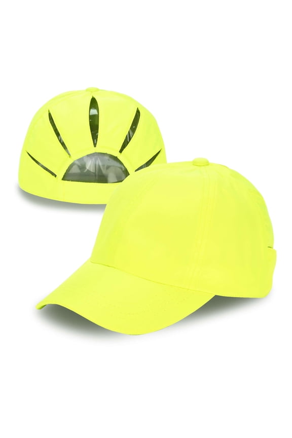 Ponycap Messy High Bun Ponytail Adjustable Trucker Baseball Cap Hat, Neon Yellow