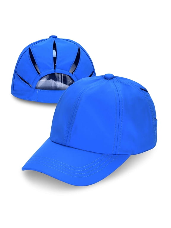 Ponycap Messy High Bun Ponytail Adjustable Trucker Baseball Cap Hat, Royal Blue