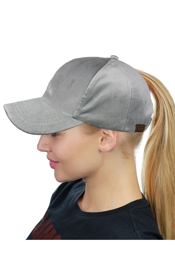 Ponycap Messy High Bun Ponytail Soft Velvet Adjustable Baseball Cap Hat, Light Gray