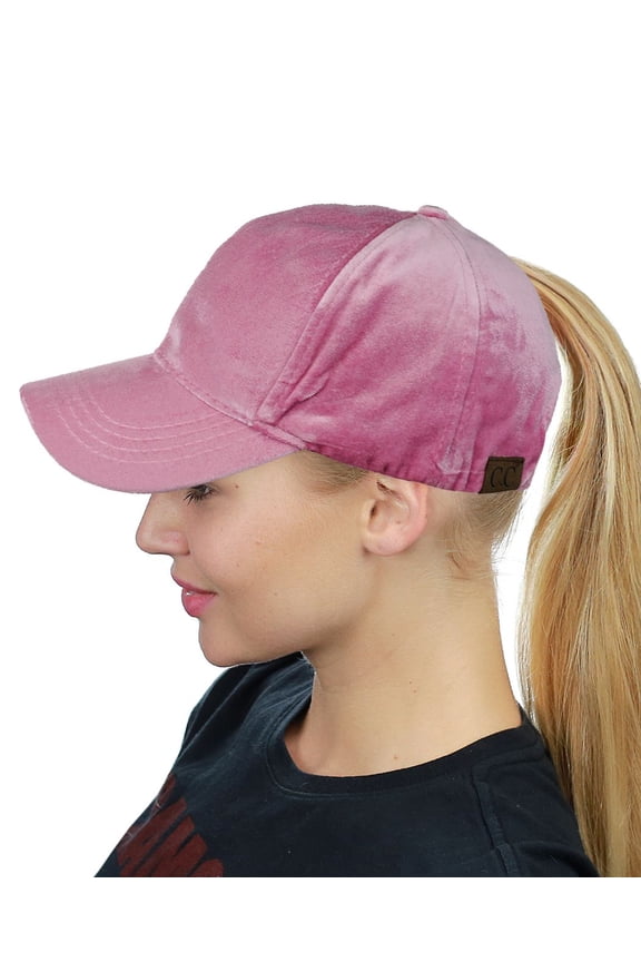 Ponycap Messy High Bun Ponytail Soft Velvet Adjustable Baseball Cap Hat, Rose
