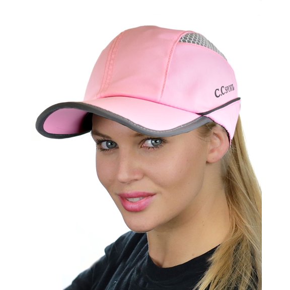 C.C Ponycap Messy High Bun Ponytail Water Resistant Adjustable Mesh Reflective Sporty Baseball Cap, Pink