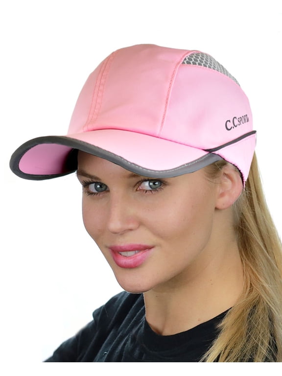 Ponycap Messy High Bun Ponytail Water Resistant Adjustable Mesh Reflective Sporty Baseball Cap, Pink