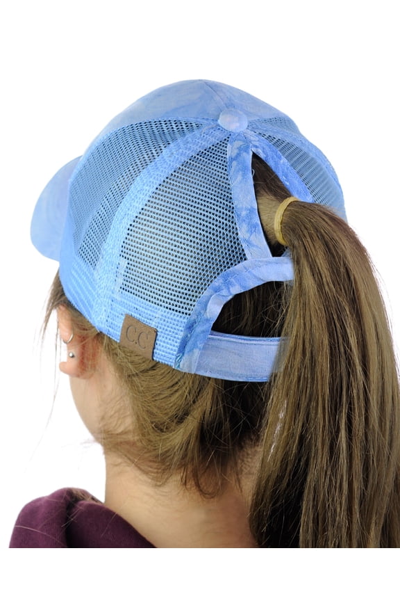 Ponycaps Messy High Bun Ponytail Adjustable Tie Die Mesh Baseball Cap Hat, Light Blue