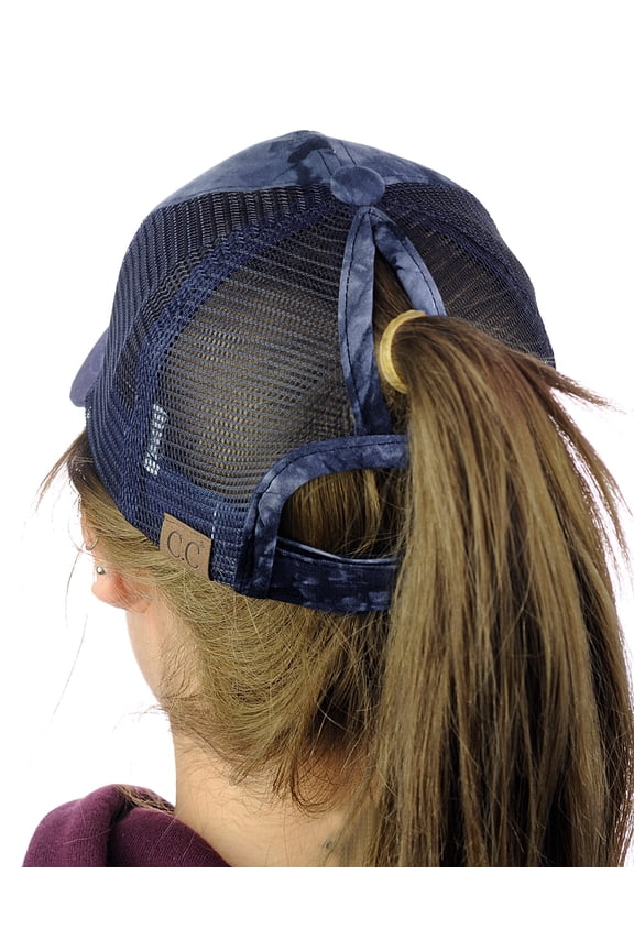 Ponycaps Messy High Bun Ponytail Adjustable Tie Die Mesh Baseball Cap Hat, Navy