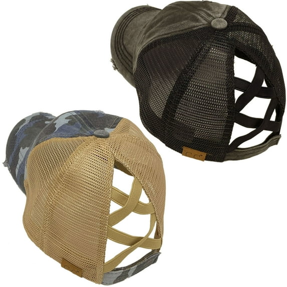 C.C Ponytail Criss Cross Messy Buns Ponycaps Baseball Cap Dad Trucker Mesh Hat (1 Distressed Black + 1 Distressed Camo Blue)