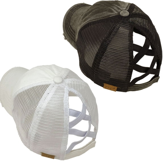 C.C Ponytail Criss Cross Messy Buns Ponycaps Baseball Cap Dad Trucker Mesh Hat (1 Distressed Black + 1 Distressed White)