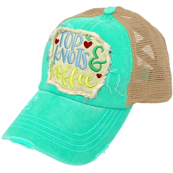 C.C Ponytail Criss Cross Messy Buns Ponycaps Baseball Cap Dad Trucker Mesh Hat (Distressed Patch Top Knots and Coffee Mint)