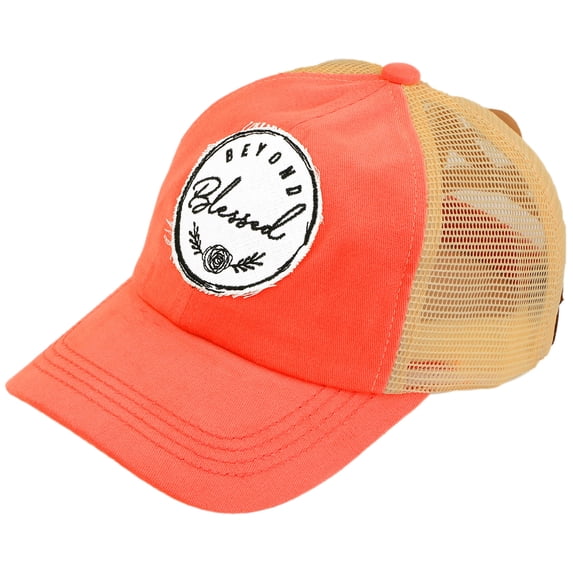 C.C Ponytail Criss Cross Messy Buns Ponycaps Baseball Cap Dad Trucker Mesh Hat (Patch Beyond Blessed Coral)