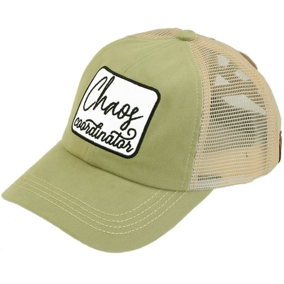C.C Ponytail Criss Cross Messy Buns Ponycaps Baseball Cap Dad Trucker Mesh Hat (Patch Chaos Coordinator Olive)