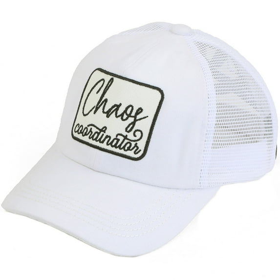 C.C Ponytail Criss Cross Messy Buns Ponycaps Baseball Cap Dad Trucker Mesh Hat (Patch Chaos Coordinator White)