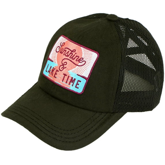 C.C Ponytail Criss Cross Messy Buns Ponycaps Baseball Cap Dad Trucker Mesh Hat (Patch Sunshine and Lake Time Black)