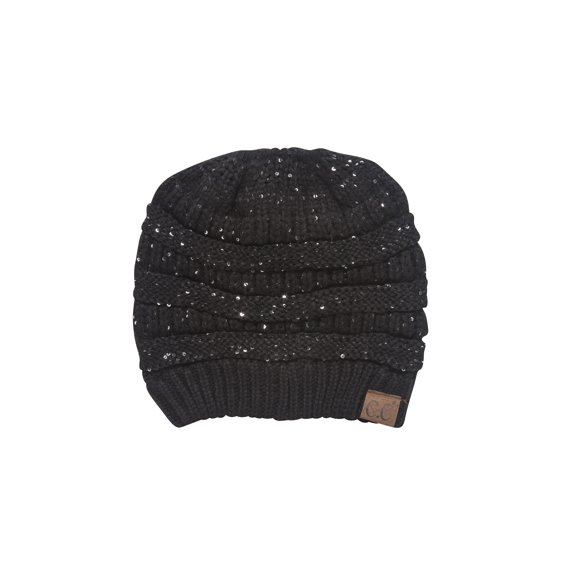 C.C Ponytail Knitted Beanie w/ Sequins - Black