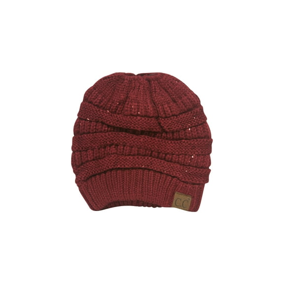 C.C Ponytail Knitted Beanie w/ Sequins - Burgundy