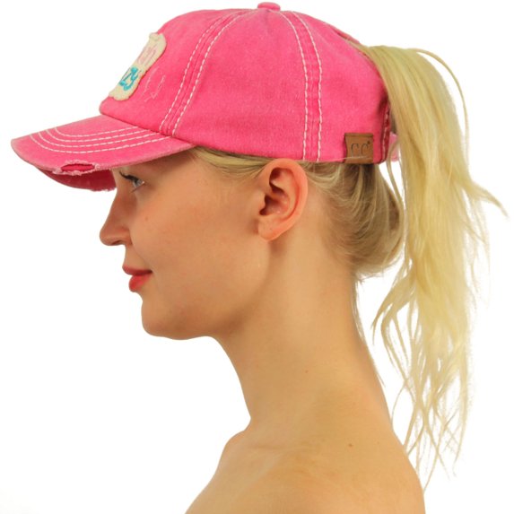 C.C Ponytail Messy Buns Trucker Ponycaps Plain Baseball Visor Cap Dad Hat (Distressed "beach crazy" Hot Pink)