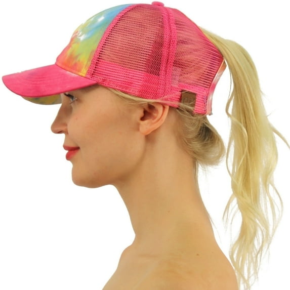 C.C Ponytail Messy Buns Trucker Ponycaps Plain Baseball Visor Cap Dad Hat (Tie Dye Hot Pink)