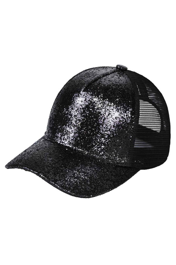 Radiant Shimmer Adjustable Trucker Mesh Baseball Cap Hat, Glitter Black