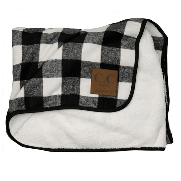 C.C Soft Cozy Buffalo Plaid Fuzzy Sherpa Lined Sofa Bed Couch Blanket Throw, Black/Ivory