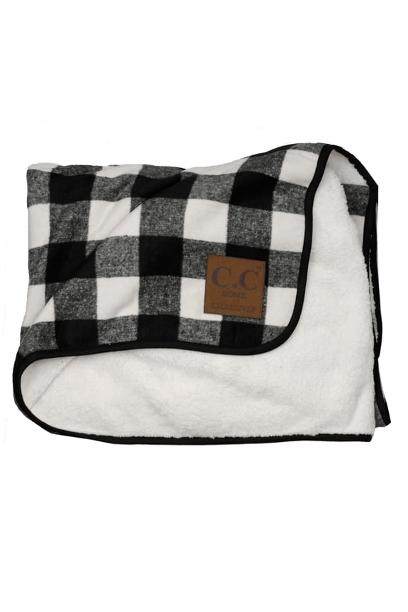 Soft Cozy Buffalo Plaid Fuzzy Sherpa Lined Sofa Bed Couch Blanket Throw, Black/Ivory