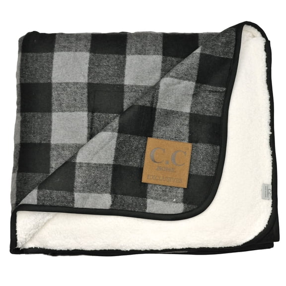 C.C Soft Cozy Buffalo Plaid Fuzzy Sherpa Lined Sofa Bed Couch Blanket Throw, Black/Light Melange Gray