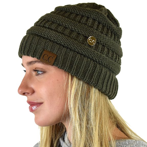 C.C Soft Stretch Cable Knit Side Epoxy Button for Mask Beanie Skully, Dark Olive