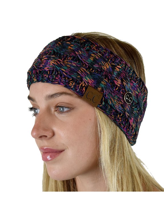 Soft Stretch Cable Knit Side Epoxy Button for Mask Fuzzy Lined Ear Warmer Headband, Black/Multi