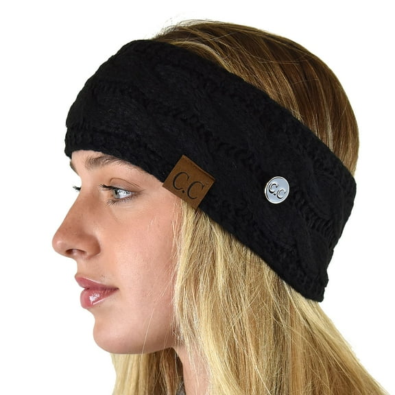 C.C Soft Stretch Cable Knit Side Epoxy Button for Mask Fuzzy Lined Ear Warmer Headband, Black