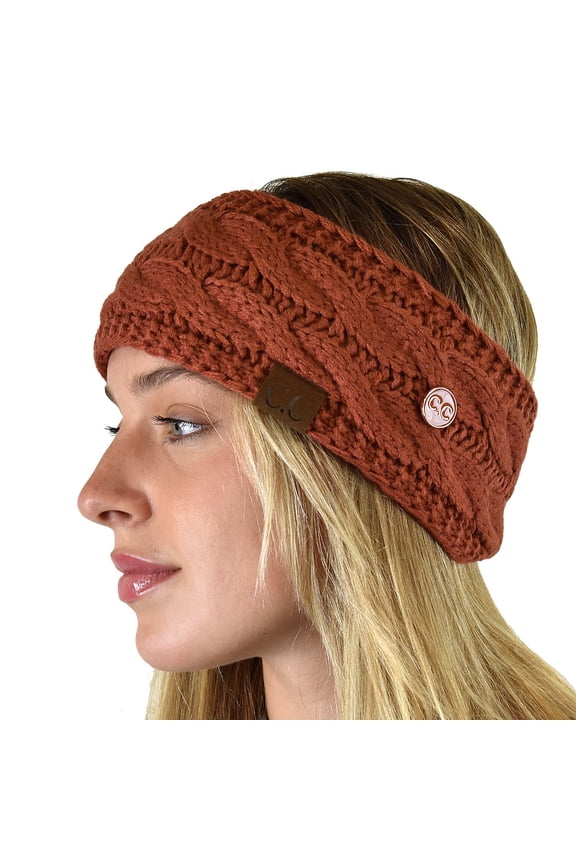 Soft Stretch Cable Knit Side Epoxy Button for Mask Fuzzy Lined Ear Warmer Headband, Cinnamon