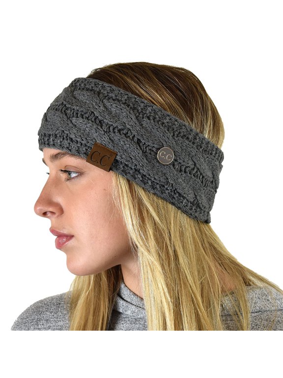 Soft Stretch Cable Knit Side Epoxy Button for Mask Fuzzy Lined Ear Warmer Headband, Dark Melange Gray